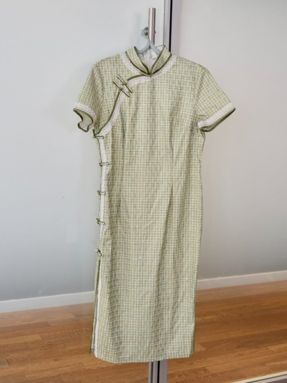 Green White Plaid Qipao Dress - Chinese Traditional Cheongsam